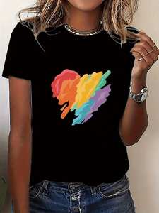 T-shirt da donna casual a maniche corte, vestibilità ampia, nera con stampa a cuore colorata, in tessuto morbido e traspirante, top estivo - Product Image 3
