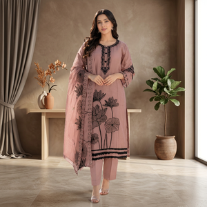 Hermosos trajes de kurta y pantalón bordados en rosa polvoriento y dupatta floral negro, elegantes conjuntos de salwar kameez pakistaníes para fiestas, para damas. - Product Image 4