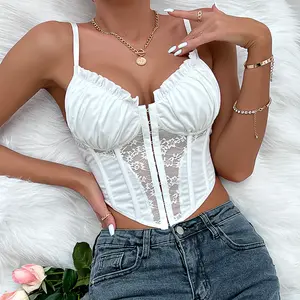 Zomer Nieuwe Ins Mode Sexy Chique Witte Kant Bustier Vrouwen Geplooide Ruches Fishbone Top Vest Meisjes Straat Corset Bustier