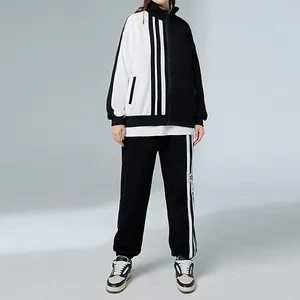 High Quality Patchwork Color Contrast Sports Suit Men Stand Collar Black And White Patchwork Jacket Suit