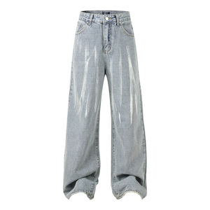 Vente en gros Pantalon large ample à jambe droite pour hommes de style punk personnalisé Vieux jeans d'été sales décontractés en coton - Product Image 4
