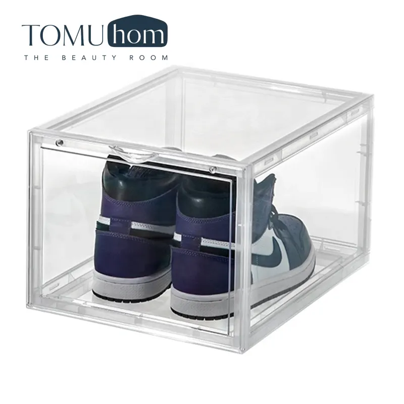 स्नीकर जूते के लिए प्लास्टिक स्पष्ट जूता बॉक्स stackable कंटेनर Foldable एक्रिलिक पारदर्शी जॉर्डन जूता बॉक्स भंडारण
