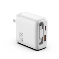 Chargeur rétractable USB C GaN 65W avec câble intégré, adaptateur mural de charge rapide à 2 ports pour iPhone, Galaxy, Pixel, iPad,