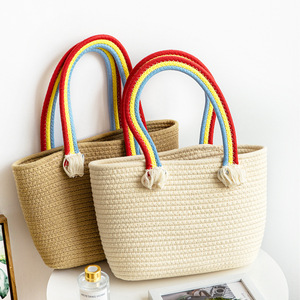 Cotton Woven Tote <b>Bag</b> Oval Shape <b>Rainbow</b> Handle Tassel Bohemian Style Women's Beach <b>Bag</b> Summer 2022 - Product Image 1