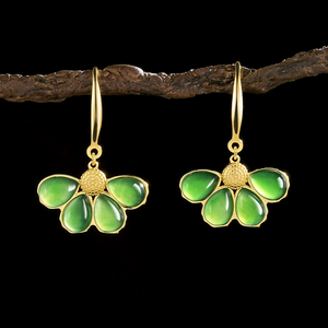 Old material spinach green natural andite jade flower-shaped earrings, S925 <b>silver</b> inlay, elegant women's jade jewelry piece - Product Image 3