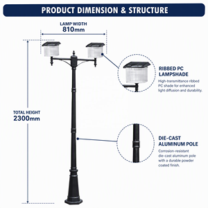 Lampadaire solaire LED à double tête, étanche IP65, en aluminium, pour jardin, 3,7 V, à intensité variable, éclairage de cour et de chemin - Product Image 4