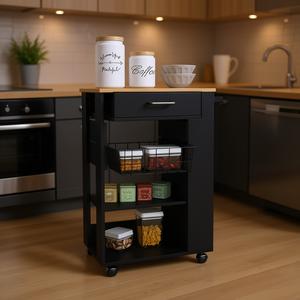 Carrello da Cucina Blossom con Un Cassetto, Due Ripiani, Quattro Ruote, Design Moderno Nero - Product Image 2