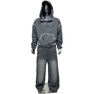 Conjunto de Sudadera con Capucha de Algodón Lavado Oversize para Hombre, Color Sólido, Ajuste Holgado, Largo Completo, Estilo Casual Urbano, Ropa de Otoño - Product Image 1
