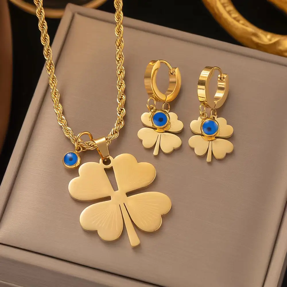 Thép không gỉ trang sức bán buôn, New Blue Eyes Jewelry Set, của phụ nữ bốn lá Clover Set vòng cổ bông tai