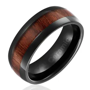 Wholesale 8mm Ceramic Ring Inlay Wood Pure Ceramic Fashion Ring High Polished Black Ceramic Wedding Band Ring