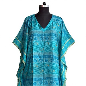 Vestido Kaftan con Estampado Étnico Turquesa |   Túnica Maxi Holgada con Cuello en V Estilo Bohemio |   Ropa de Playa de Inspiración India - Product Image 3