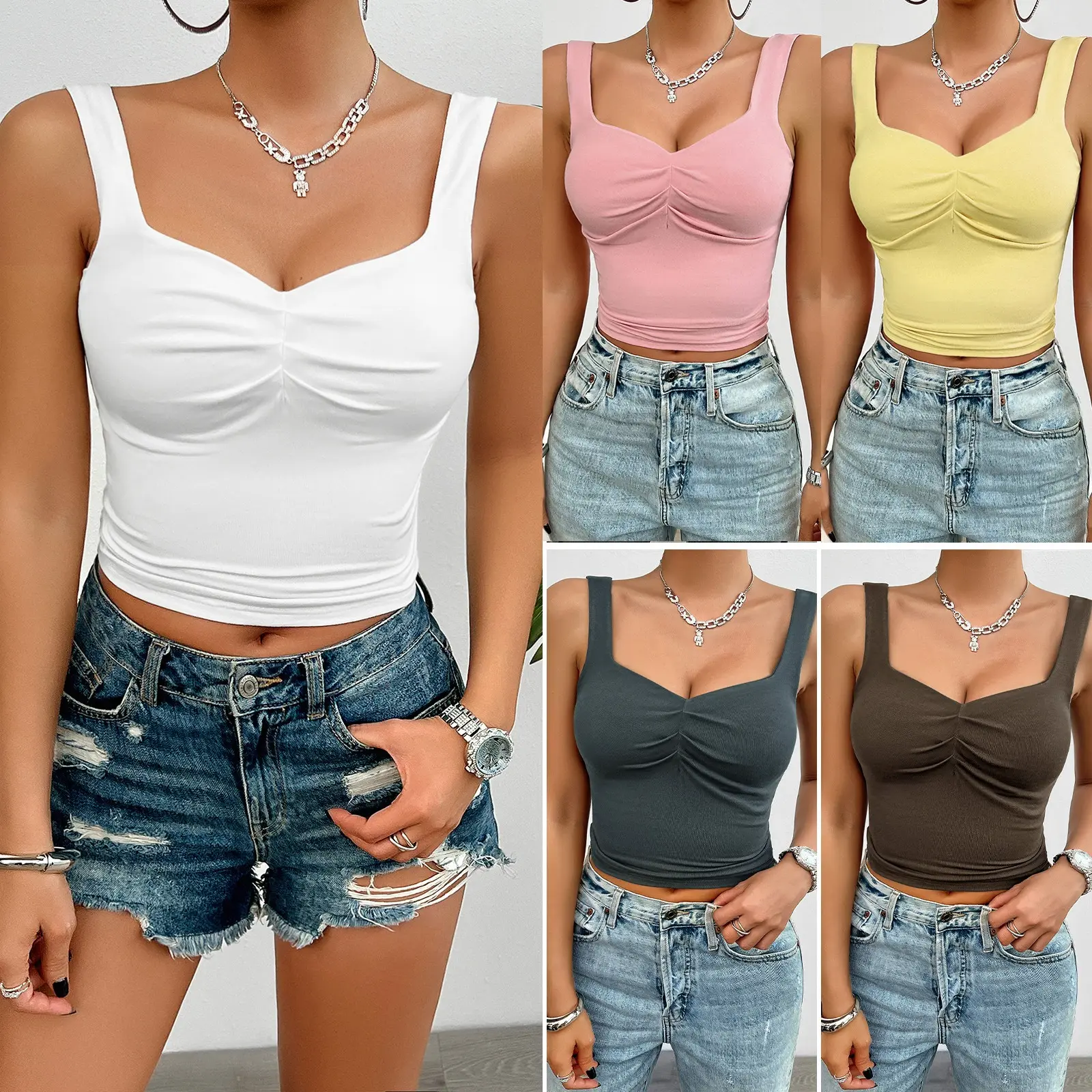 T937 Streetwear Front Ruched Tank Top Solid Cute Top Sleeveless 2024 Women's Cut Out Camis