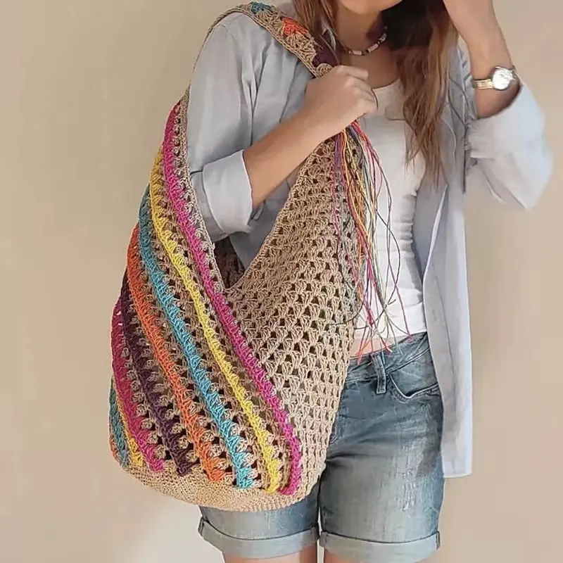 Летняя разноцветная вязаная сумка 2023, вместительные сумки ручной работы для отпуска для женщин