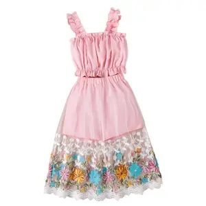 Sleeveless Long Pink Floral Dress Baby Girls Clothing Set for 2 - 14 Years with Spaghetti Strap