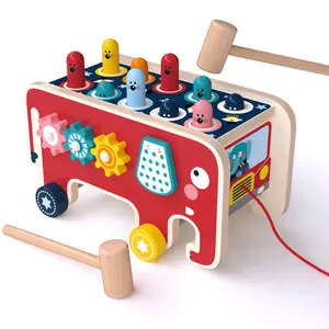 Hot sale children's wooden cartoon elephant drag toy happy hammer toddler percussion piling platform