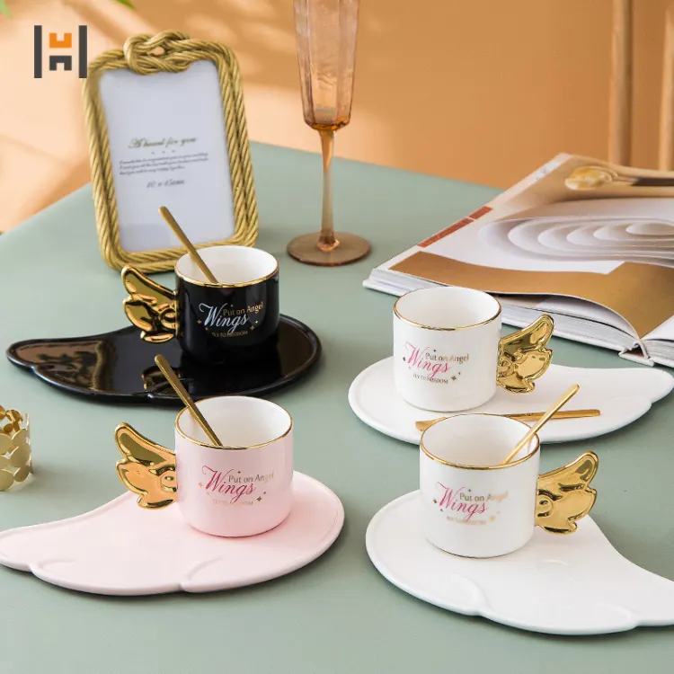 Asas de anjo caneca, xícara de café cerâmica com prato de sobremesa moderno dourado luxo porcelana personalize conjunto de presente de casamento