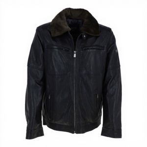 เสื้อแจ็คเก็ตนักบินหนังสีดำสำหรับผู้ชาย แบบคลาสสิก แต่งปกขนสัตว์ - Product Image 1
