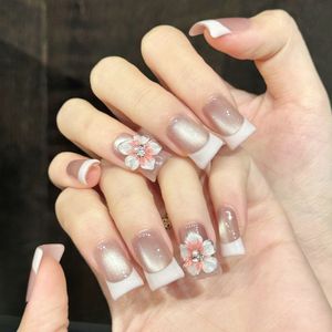 En gros, <span class=keywords><strong>Faux</strong></span> ongles à presser faits main Y2K, style French manucure œil de chat rose, motif fleur 3D, minimaliste et évasé, 10 pièces - Product Image 4