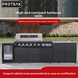 Barbecue au charbon de bois multifonctionnel moderne pour cour de villa, avec meuble de cuisine extérieur, table et panneaux muraux en bois massif - Product Image 4