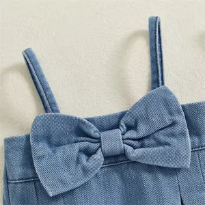 1 Pcs Private Label Recém-nascido Infantil Bebê Menina Denim Roupas Praça Pescoço Bow Strap Frente Macacão Sem Mangas Do Bebê Meninas Romper - Product Image 3