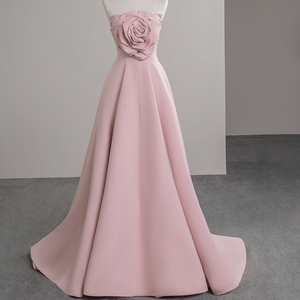 Robe de soirée formelle de haute qualité en satin rose princesse à fleurs 3D, sans manches, épaules dénudées, Sfy60 - Product Image 2