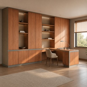 Armarios Modernos para Estudio con Almacenamiento <span class=keywords><strong>en</strong></span> Toda la Pared, <span class=keywords><strong>Escritorio</strong></span> <span class=keywords><strong>Integrado</strong></span> y Estantes Abiertos Iluminados - Product Image 5