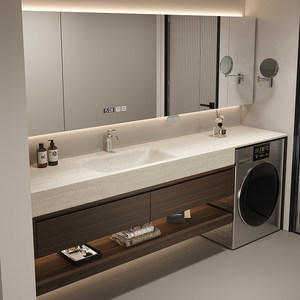 Meuble <span class=keywords><strong>de</strong></span> <span class=keywords><strong>salle</strong></span> <span class=keywords><strong>de</strong></span> <span class=keywords><strong>bain</strong></span> intégré avec <span class=keywords><strong>machine</strong></span> <span class=keywords><strong>à</strong></span> <span class=keywords><strong>laver</strong></span>, combinaison vasque en dalle <span class=keywords><strong>de</strong></span> roche, design minimaliste moderne, miroir intelligent et rangement - Product Image 3