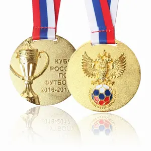 Cobre Banhado A Ouro Personalizado 3D Dupla Logotipo Do Futebol Esportes Prêmio Medalha com Fita Cordão de Sublimação