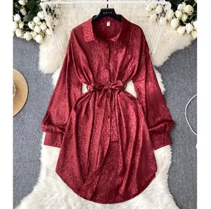 2024 Best Selling Women Casual Clothing Satin Long Sleeve Casual Peplum Shirt Dress