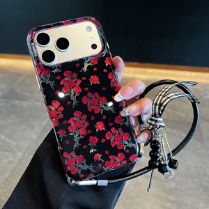 Coque de téléphone IMD double couche à paillettes bordeaux motif rose pour iPhone 18 17 16 15 Pro Max, protection antichoc avec dragonne - Product Image 3