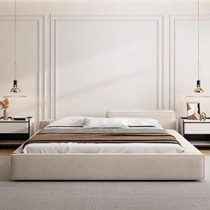 Lit en tissu moderne et minimaliste pour chambre à coucher, tête de lit fermée en forme de bloc de tofu avec rembourrage doux intégré et base en <span class=keywords><strong>lattes</strong></span> de bois - Product Image 2