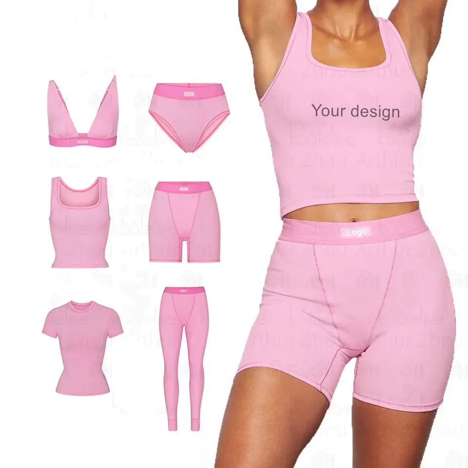 Individuelles Logo Ripe Stretch Pink solide Farben Shorts Leggins Tanktop T-Shirt slim Damen zweiteiliges Set Freizeitkleidung Anzug-Sets