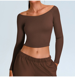 Sexy Off-Shoulder Long Sleeve Breathable Sweat-Wicking Quick Dry Spandex/Nylon Solid Front <b>Crop</b> <b>Top</b> Skinny Fit Women's Sports - Product Image 1