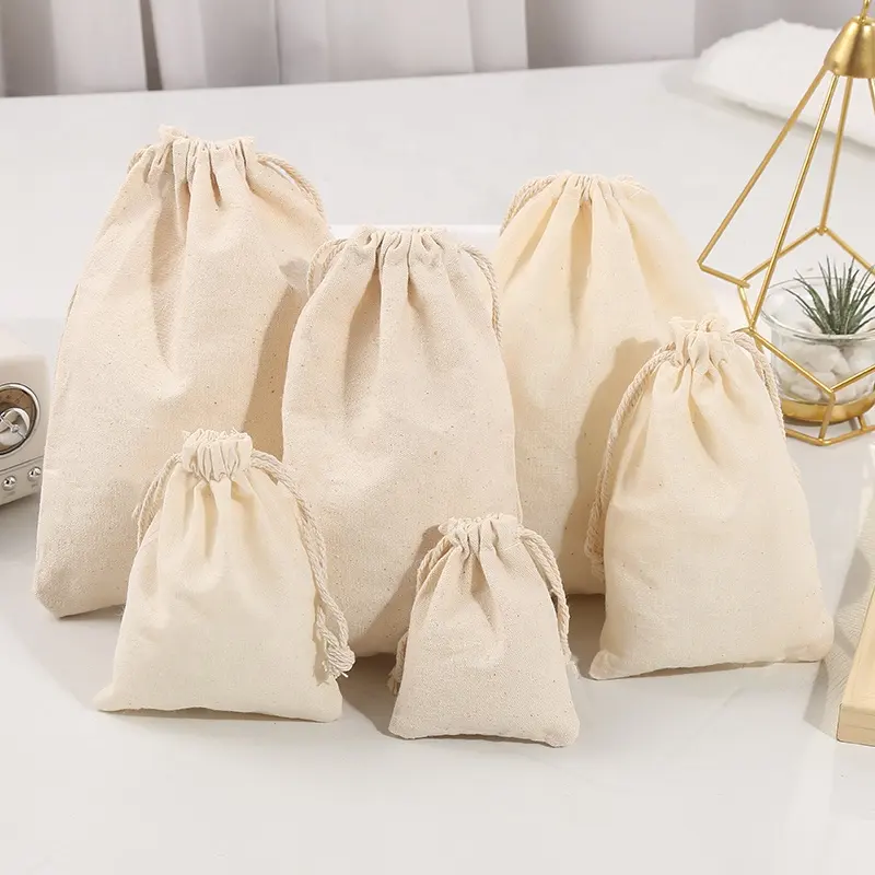 9x12Cm Muslin Bag Natural Cotton Bags Custom logo Accept Small Gift Cotton Drawstring Bag Customized