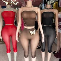 PEEQI Ensemble deux pièces sexy pour femmes, haut court sans manches transparent et pantalon capri moulant, tenue de lingerie pour femmes