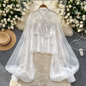 Camisa de gasa estampada para mujer Pajarita de moda con top de red de linterna - Product Image 3