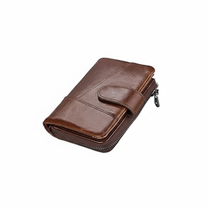 Unisex <b>Wallet</b> Coffee Color Genuine Leather Men's RFID Blocking Security Card Holder Chain Decorated Money Clip <b>Coin</b> Pocket - Product Image 1