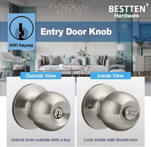 BESTTEN キー付きエントリードアノブ ロック付き ヘビーデューティー インテリア/エクステリアドアロック 標準ボール サテンニッケル ドア＆窓ハンドル - Product Image 3