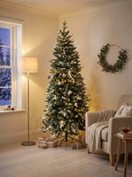 Sapin de Noël artificiel amincissant de 2,1 m pré-éclairé, floqué, avec lumières LED blanc chaud, en PE+PVC, pour décoration intérieure des fêtes