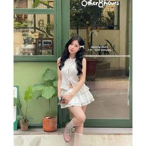 Ensemble de bavoirs style doux avec nœud et jupe évasée, échantillon disponible, sans manches, en polyester et en mousseline, pour un usage quotidien, ensemble de shorts 2 pièces - Product Image 4