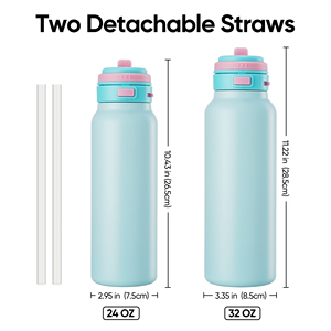 Botella de agua 2 en 1 de acero inoxidable con tapa abatible de una mano y pajita, doble sistema de bebida, asa portátil, boca ancha, antideslizante - Product Image 6
