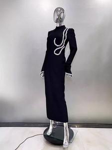 Nuovo Abito da Sera su Misura Nero a Maniche Lunghe con Diamanti, Elegante Vestito Lungo Aderente di Alta Qualità da Donna - Product Image 3