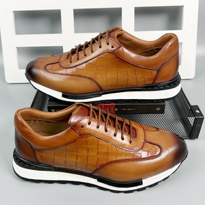 Patchwork marron et noir, embellissement à motif crocodile, chaussures en cuir décontractées à lacets, élégantes et confortables - Product Image 6