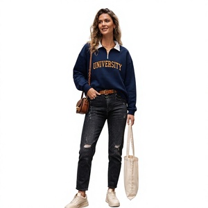 <b>Women's</b> Navy Blue University Letter Print <b>Sweatshirt</b> Turn-down Collar Full Sleeve Casual Autumn Wear - Product Image 1