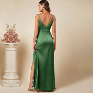 Vestido de satén con tirantes para mujer, estilo europeo-americano, sexy, sin espalda, plisado, largo hasta el suelo, con tirantes finos, color liso, para primavera-verano. - Product Image 4
