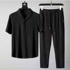 Trajes de 2 Piezas para Hombre, Camiseta de Manga Corta + Pantalones Largos, Cuello Polo de Color Sólido, Botones, Cintura Elástica, Pantalones Deportivos - Product Image 6