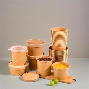 Seau à soupe jetable seau à bouillie en papier kraft bol en papier avec couvercle en stock gobelet en papier couvercle en plastique - Product Image 1