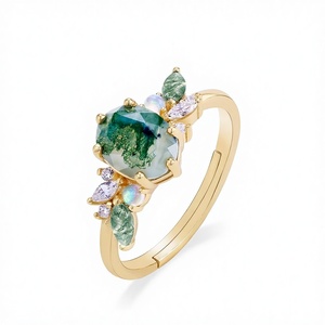 Bague en Agate Mousse Verte Tendance et à la Mode, Meilleure <span class=keywords><strong>Vente</strong></span> Transfrontalière, Style Luxe Abordable pour Femme, en Argent Sterling S925 Plaqué Or - Product Image 1