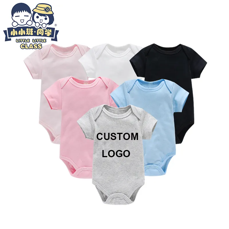 Custom L0go Solid Color Newborn Clothes Short Sleeve Black Romper Boys and Girls White Clothes 100% Cotton Baby Rompers