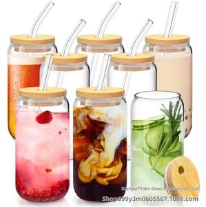 Low MOQ Custom Logo 12oz/16oz Clear Beer Can &amp; <strong>Mason</strong> <strong>Jar</strong> Style Glass <strong>Tumbler</strong> Bamboo Lid Straw Business Gift - Product Image 2